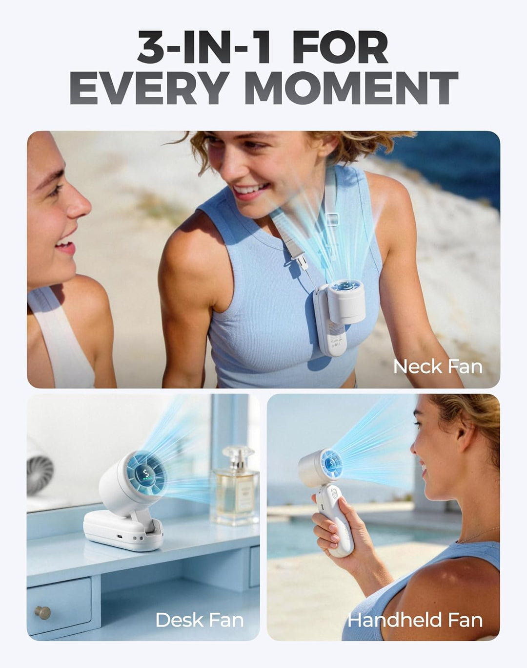 Diveblues 3-in-1 Handventilator Turbo Ventilator mit 4000mAh USB-Akku Aufladbar, 5 Stufen, Faltbar T