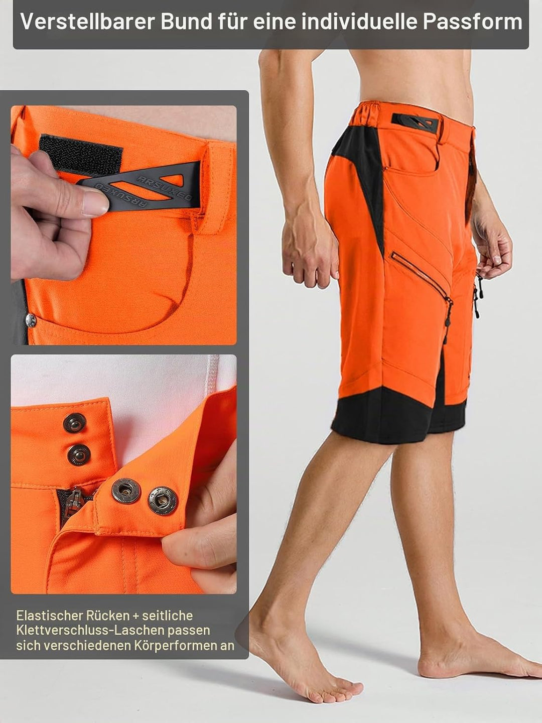 ARSUXEO Radhose Herren MTB Shorts ohne Polsterung Radfahren Shorts Klassisch Wasserdicht 1903 Orange