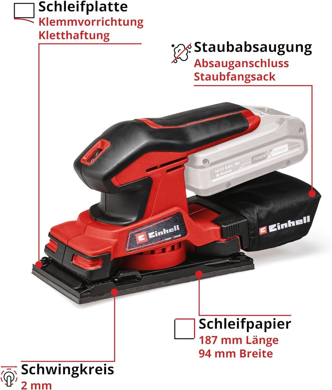 Einhell Akku-Schwingschleifer TC-OS 18/187 Li Solo Power X-Change (Lithium-Ionen, Micro-Klett, Griff
