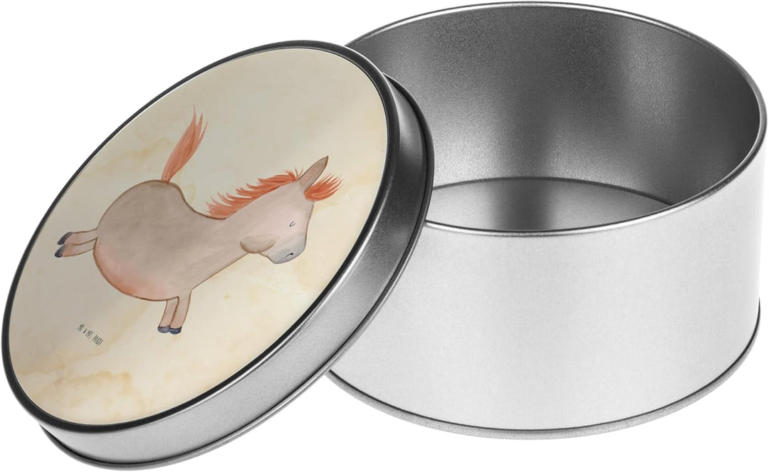 Mr. & Mrs. Panda Blechdose rund Pferd Springen - Geschenk, Bauernhof, Metallkiste mit Deckel, ausrei