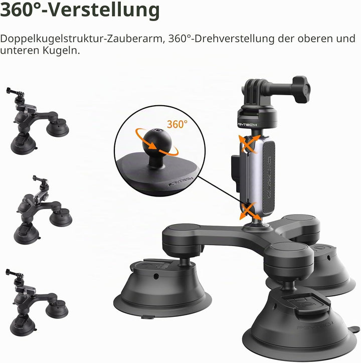 PGYTECH CapLock Dreifach-Saughalterung für DJI OSMO Action 4/3/2, Gopro Hero 12/11/10/9 mit 1/4"-20