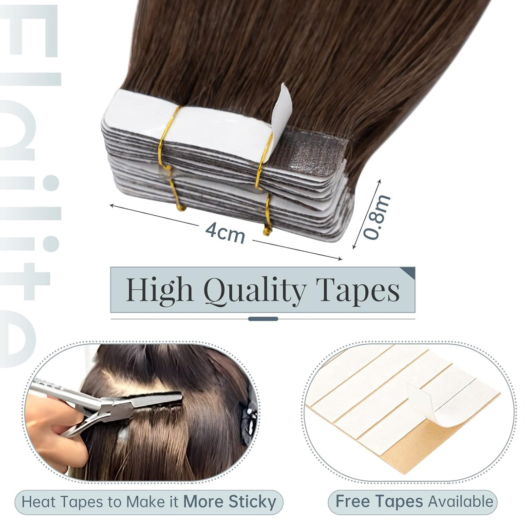 Elailite Echthaar Extensions Tape Braun, 20 stück Mini Tape Invisible Kleber, 50cm Haarverlängerung