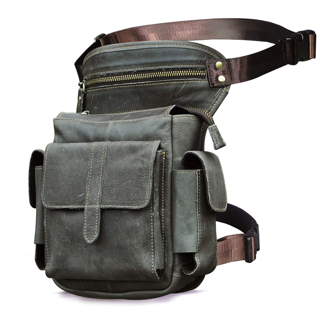 Le'aokuu Herren Echtes Leder Hüfttasche Gürteltasche Bauchtasche Reissverschluss Motorrad Messenger