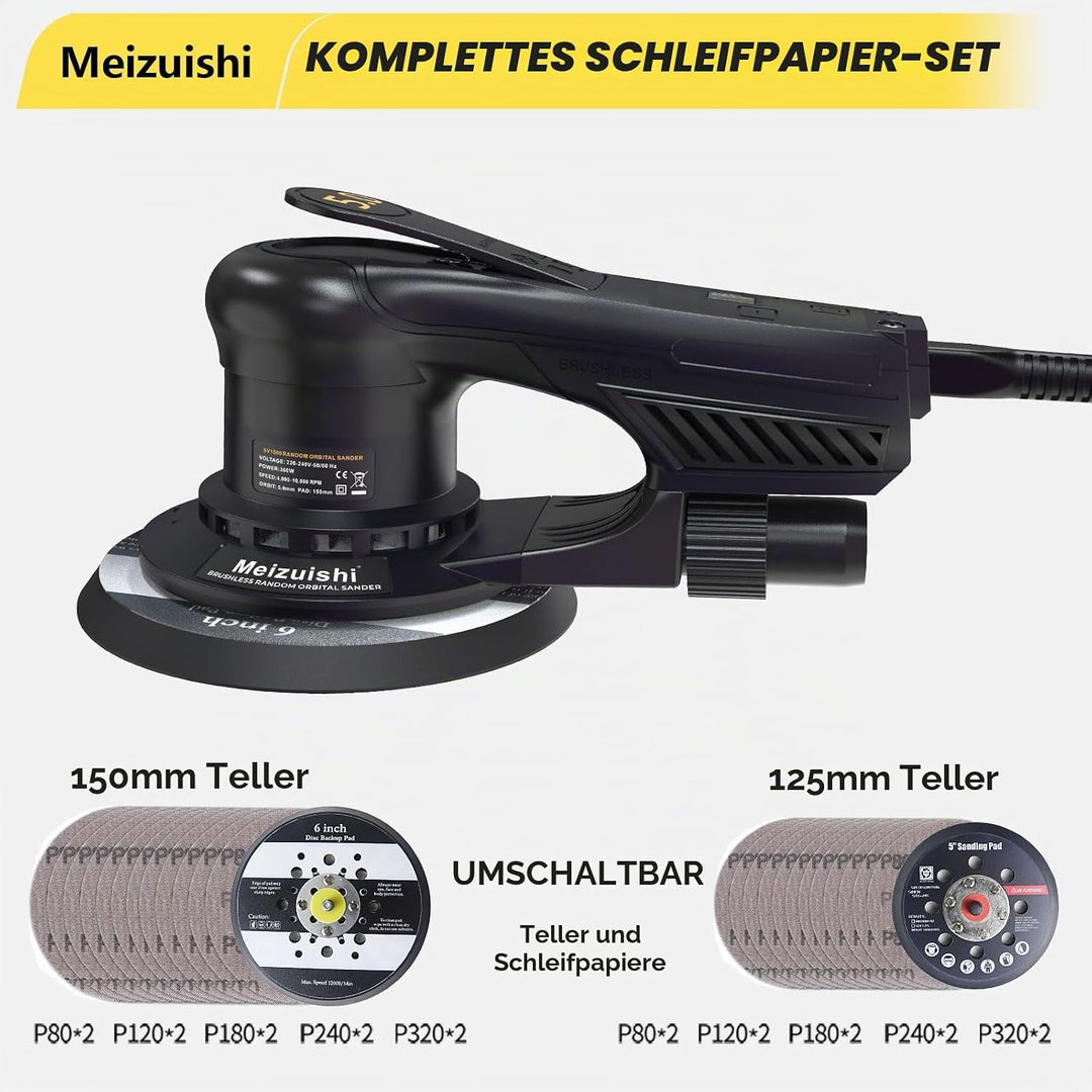 SV1500 Bürstenloser Exzenterschleifer 125/150mm, 360W, 5,0mm Hub, 7 Geschwindigkeiten, 4000–10000 U/