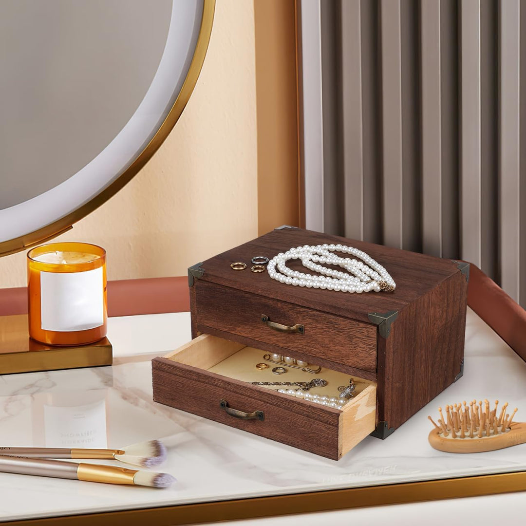 Kichvoe Holz Schubladenbox Vintage Desktop Aufbewahrungsbox Mit 2 Schubladen Für Schmuck Büro Und Zu