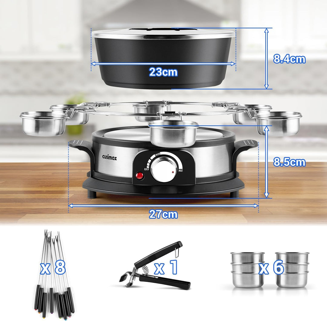 CUSIMAX Elektrisches Fondue-Set mit 1200W Leistungsregelung für Käse, Schokolade, Öl und Brühe, 2L A