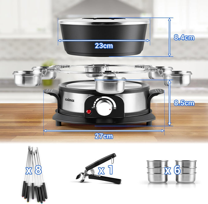 CUSIMAX Elektrisches Fondue-Set mit 1200W Leistungsregelung für Käse, Schokolade, Öl und Brühe, 2L A