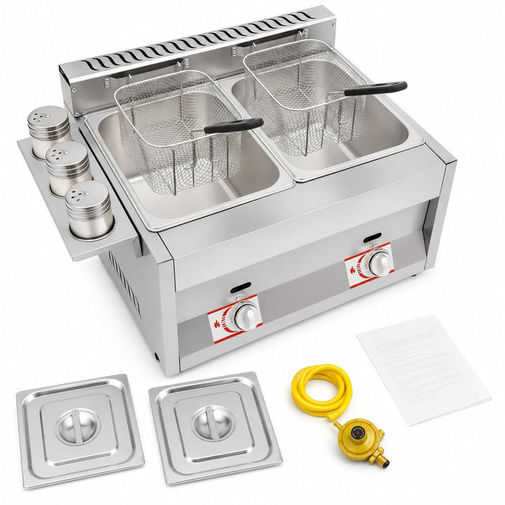 Gas Fritteuse, Doppeltank 2x6L, 50-380°C, Edelstahl, Gastronomie | 430 Edelstahl,genietet,LPG,Deckel