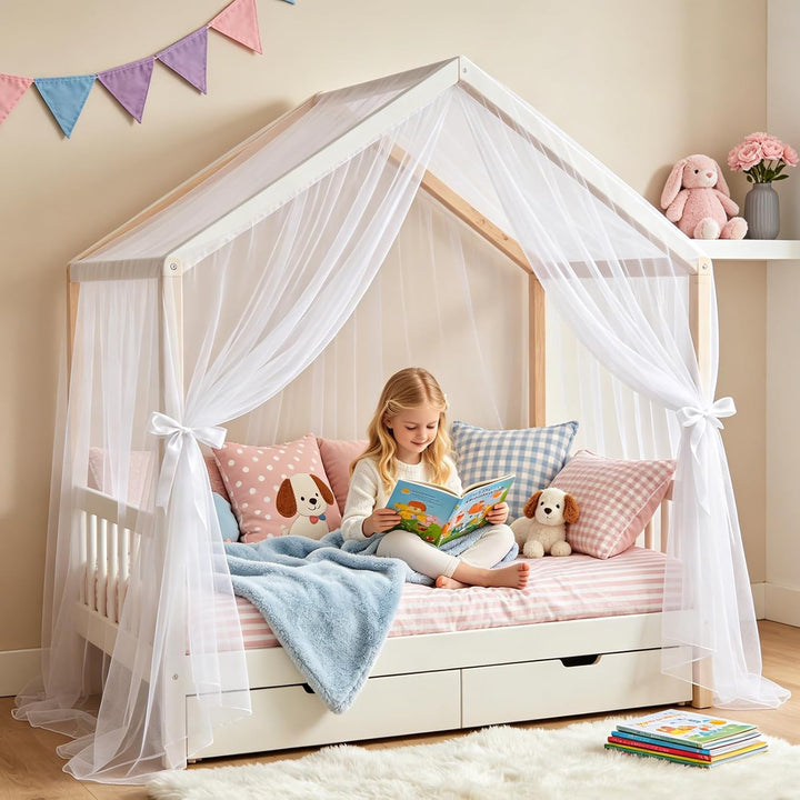 2 Stück Hausbett Himmel Set - 150 x 350 cm Betthimmel Milan-Garn, Betthimmel Hausbett, Leichte Atmun