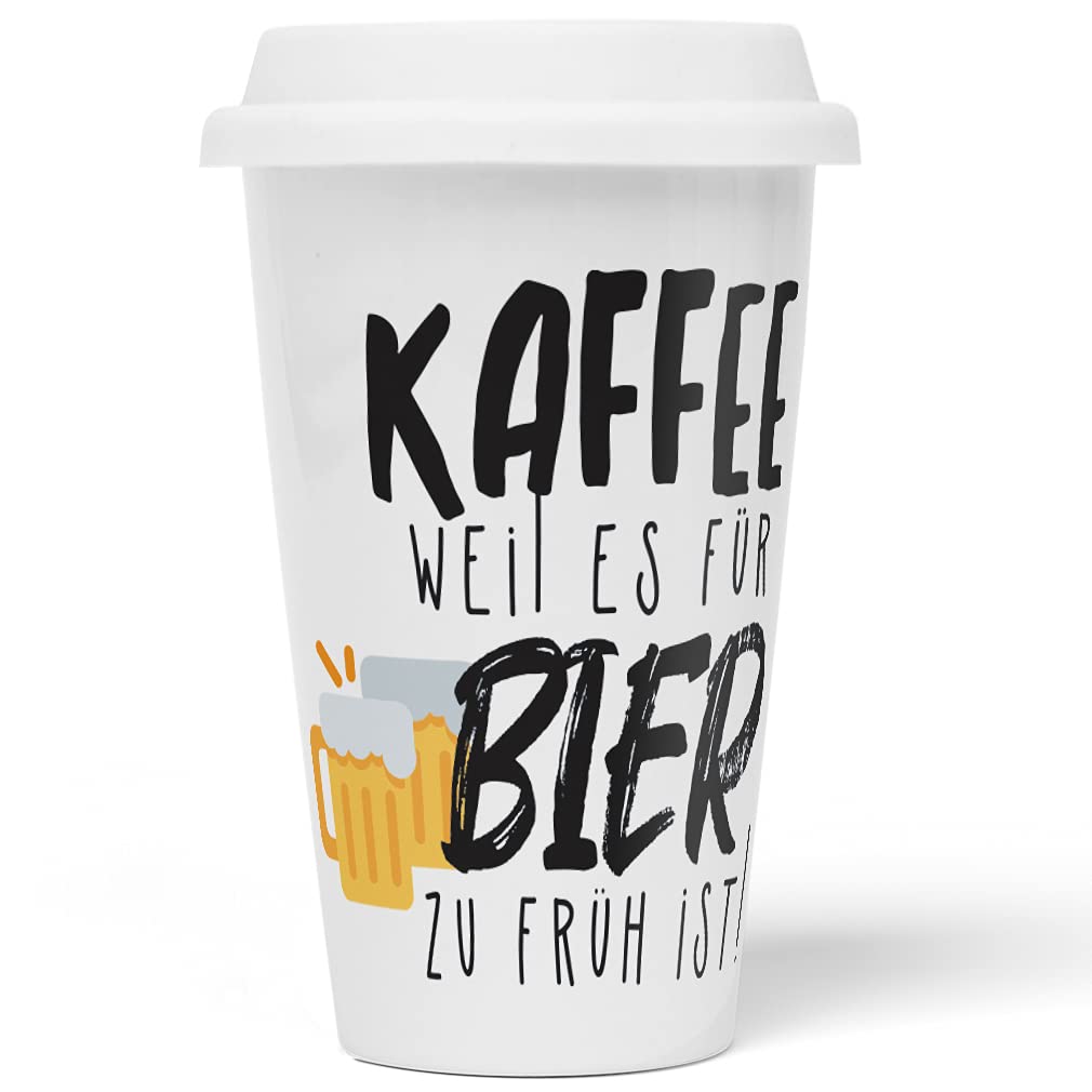 JUNIWORDS To-Go Becher mit Deckel, Kaffee weil es für Bier zu früh ist!