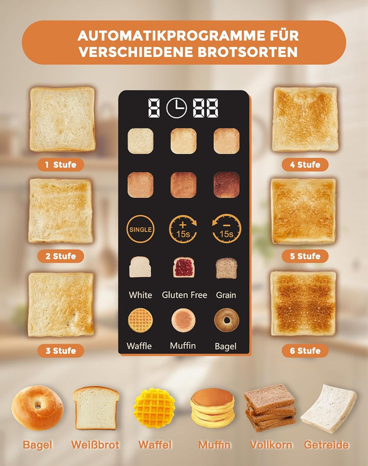 Toaster 2 Scheiben, LED-Touchscreen, Edelstahl Langschlitztoaster, 6 Bräunungsstufen, 6 Brotprogramm