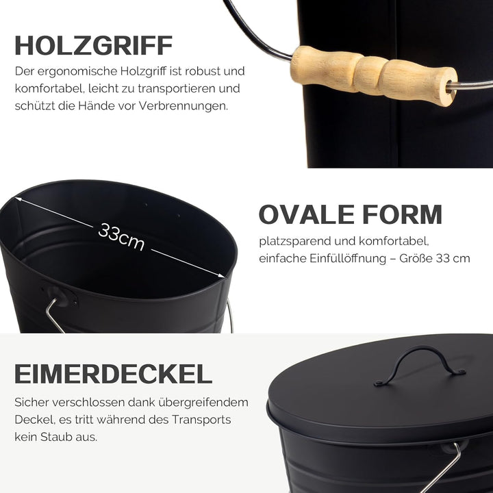 Theo&Cleo 15L Ascheeimer mit Deckel und Schaufel, Feuerfest Metalleimer, Kohleeimer für Kohle und As
