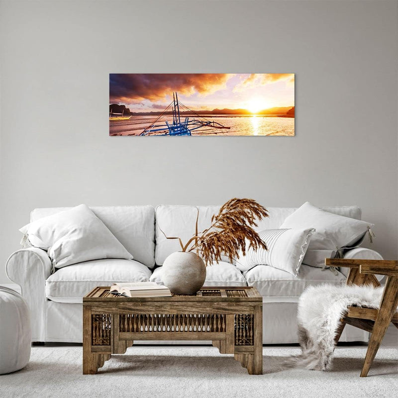 Panorama Bilder auf Leinwand Ufer Boot Strand Leinwandbild mit Rahmen 90x30cm Wandbilder Dekoration