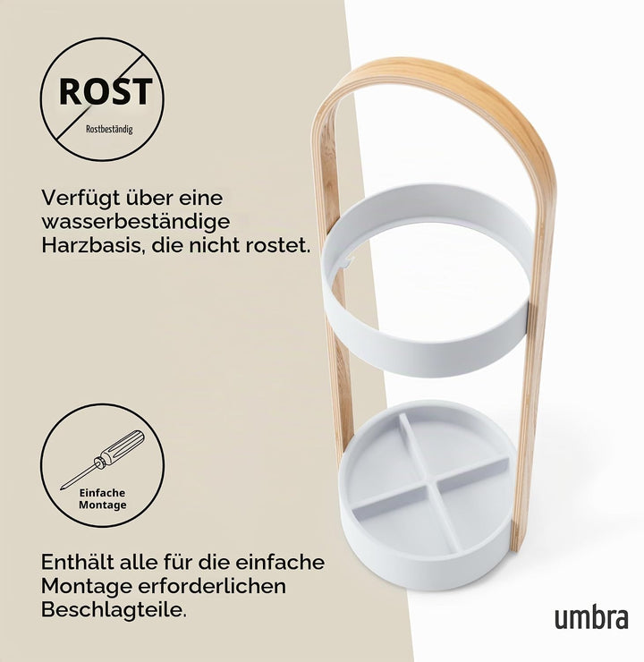 Umbra Bellwood Schirmständer, Runder Regenschirmständer mit Rostfreier Abtropfschale, Weiss/Natur Gr