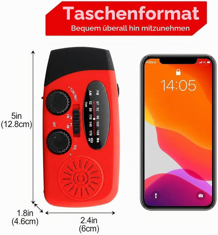1 Stück Solar Kurbelradio mit 3-LED Taschenlampe | Tragbares 2000mAh NI-MH Notfall Powerbank | IPX3