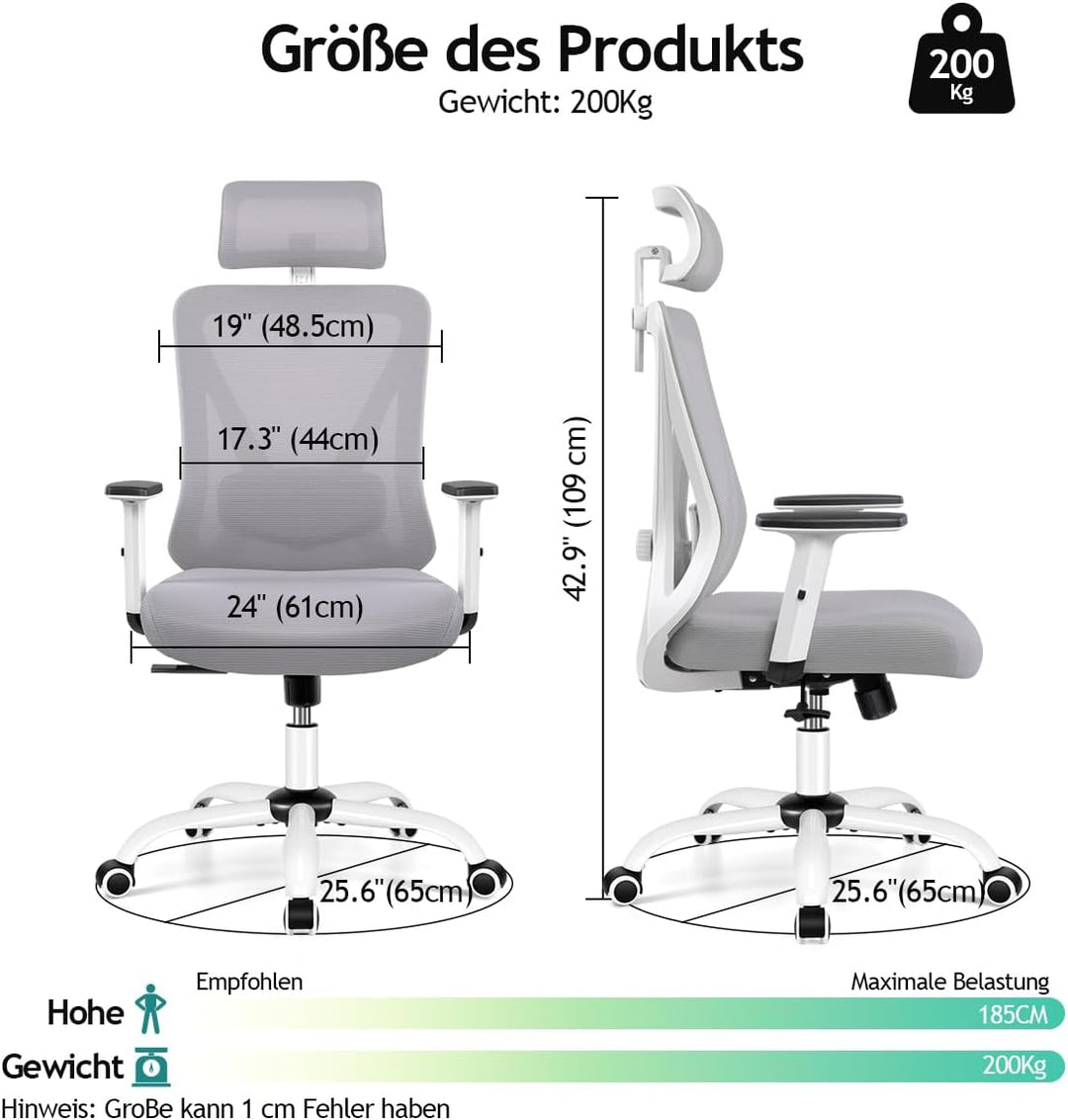 KERDOM Bürostuhl, Ergonomischer Schreibtischstuhl mit Verstellbarer Kopfstütze und Lendenwirbelstütz