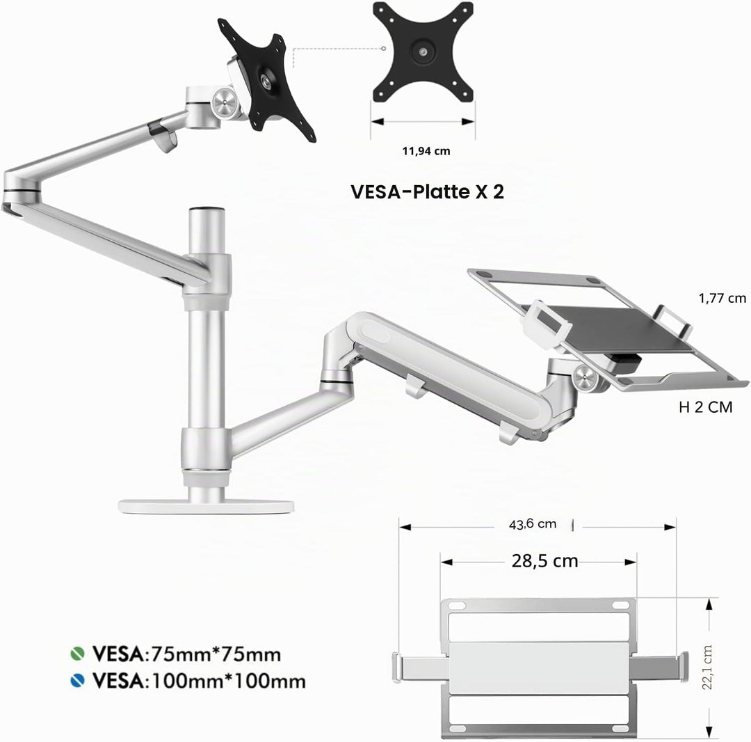 Alberenz® 2-in-1 Laptop- &amp; Monitorhalterung mit Gasfeder, Verstellbarer Doppelarm-Ständer für 12-17"
