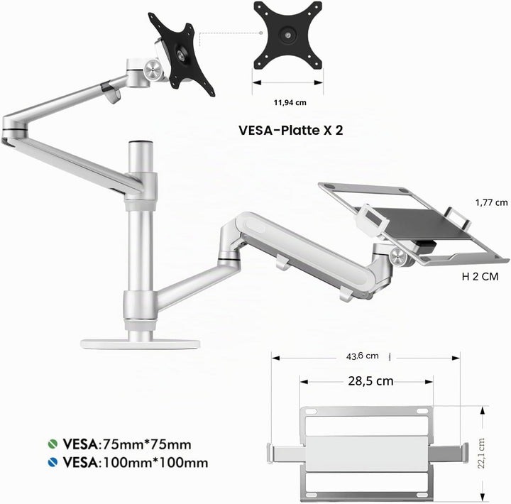 Alberenz® 2-in-1 Laptop- &amp; Monitorhalterung mit Gasfeder, Verstellbarer Doppelarm-Ständer für 12-17"