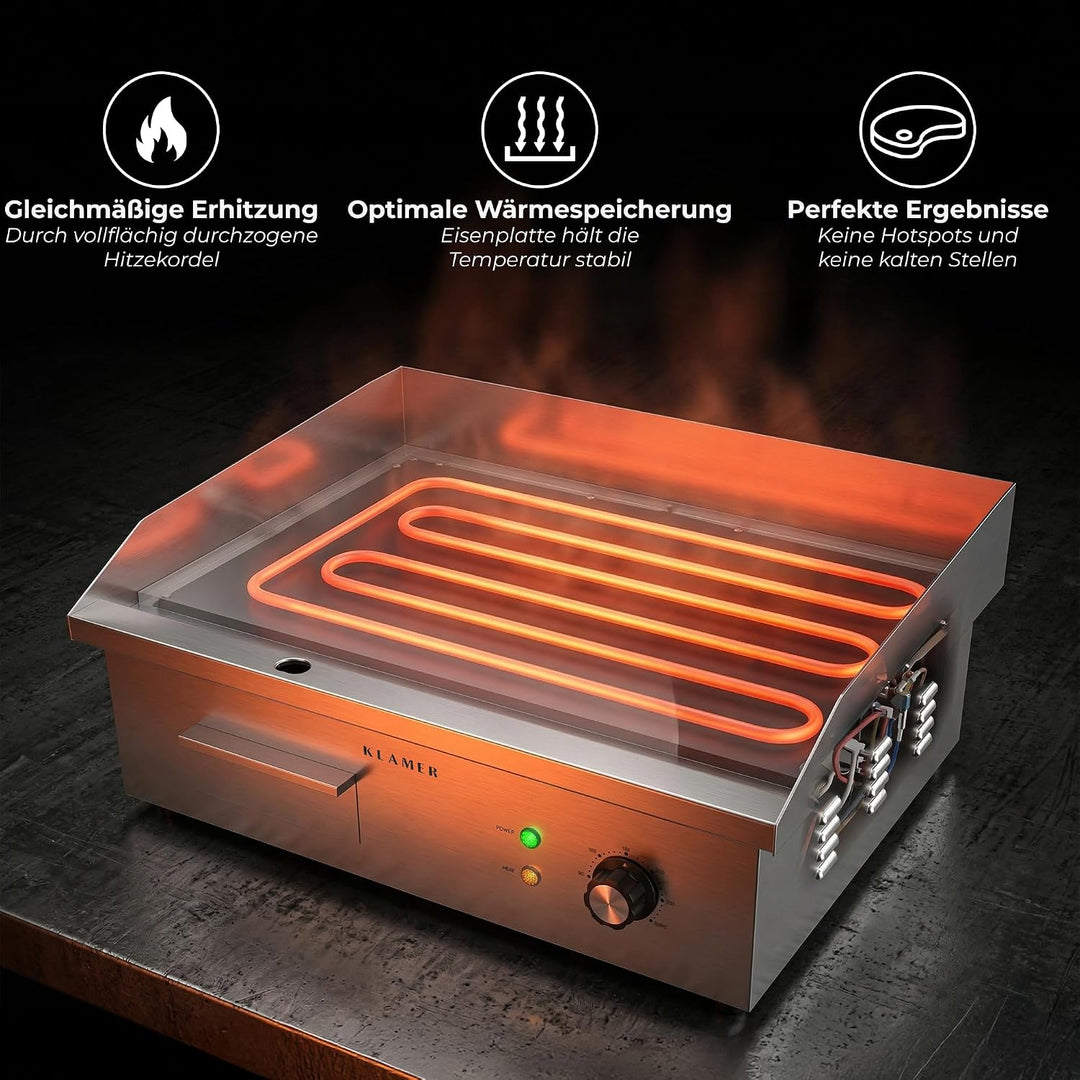 KLAMER Elektrogrill Edelstahl 3000W, XL Grillplatte 54,5x38,5 cm Tischgrill Maxi-Grill Glatt, Maxi-G