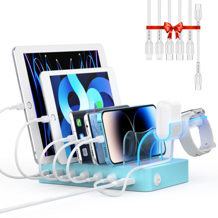 SooPii USB Ladestation 60W/12A,6-Port Dockingstation,Organizer für mehrfach Geräte with I Watch Hold
