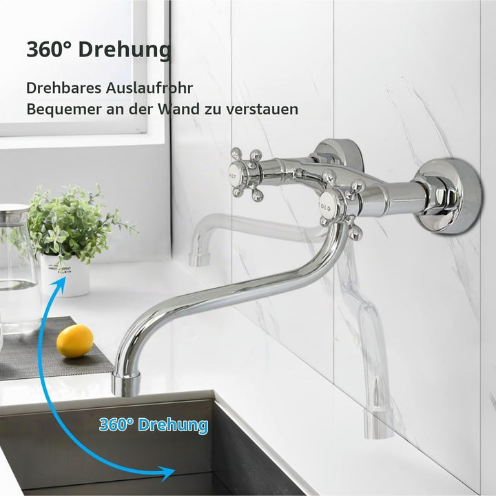 Mischbatterie Küche Wandmontage Chrom, 360°Drehbar Doppelgriff Wasserhahn Küche Messing, Wand Spülti