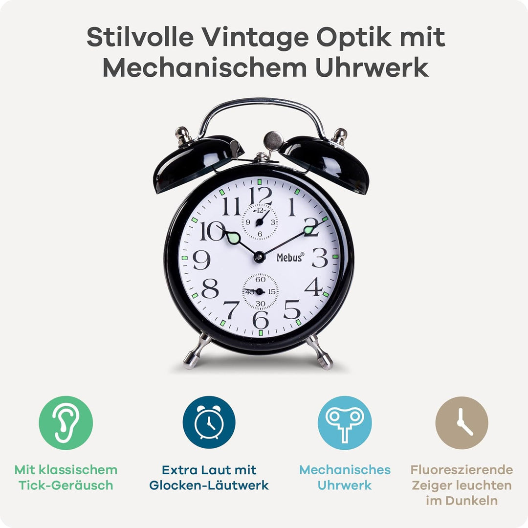 Mebus Mechanischer Aufzugswecker mit klassisches Glocken-Läutwerk, Leuchtzeigern – mehr Retro geht n