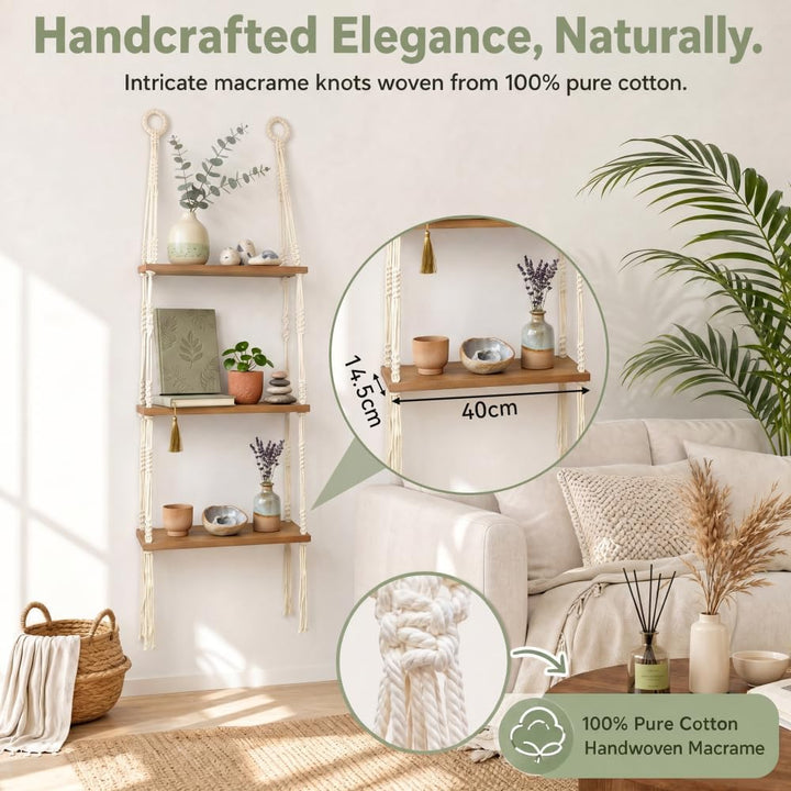 Hängeregal Holz Schweberegal Boho 3 Etagen Wandregal Makramee Regal Hängend Pflanzenregal ohne Bohre