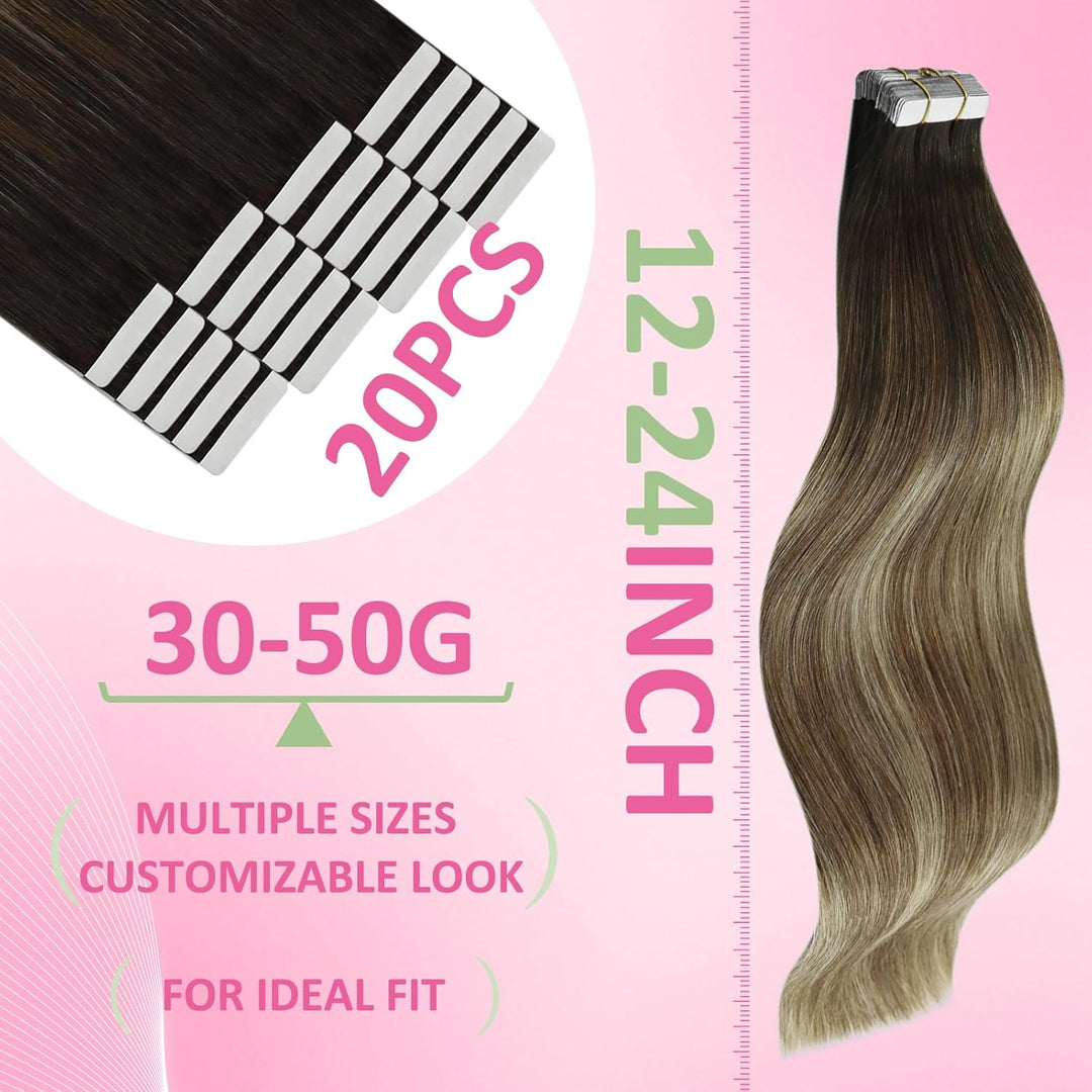 YoungSee Tape in Extensions Balayage Invisible Tape Extensions Echthaar Braun Ombre Blond Echthaar E