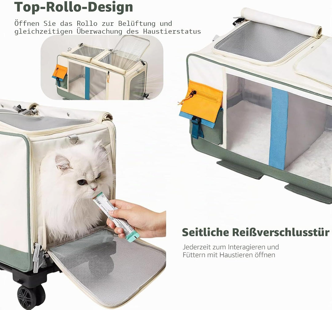PETCUTE Haustier-Transporttasche mit Zwei Fächern und Abnehmbaren Rädern,Atmungsaktiv,Katzentrage fü