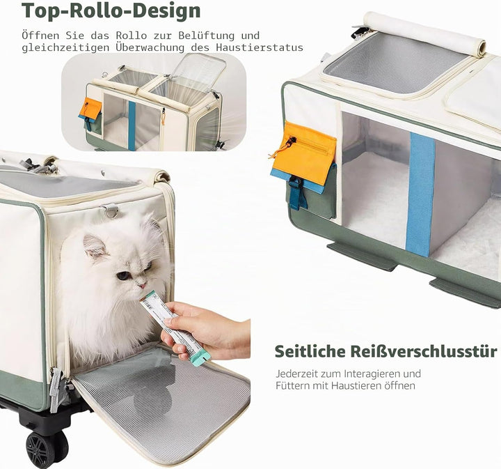 PETCUTE Haustier-Transporttasche mit Zwei Fächern und Abnehmbaren Rädern,Atmungsaktiv,Katzentrage fü