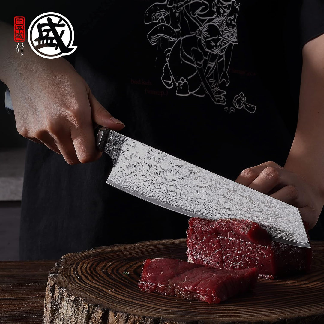 MITSUMOTO SAKARI 22 cm Handgeschmiedetes Japan Kiritsuke Kochmesser | AUS-10 Damaststahl Küchenmesse