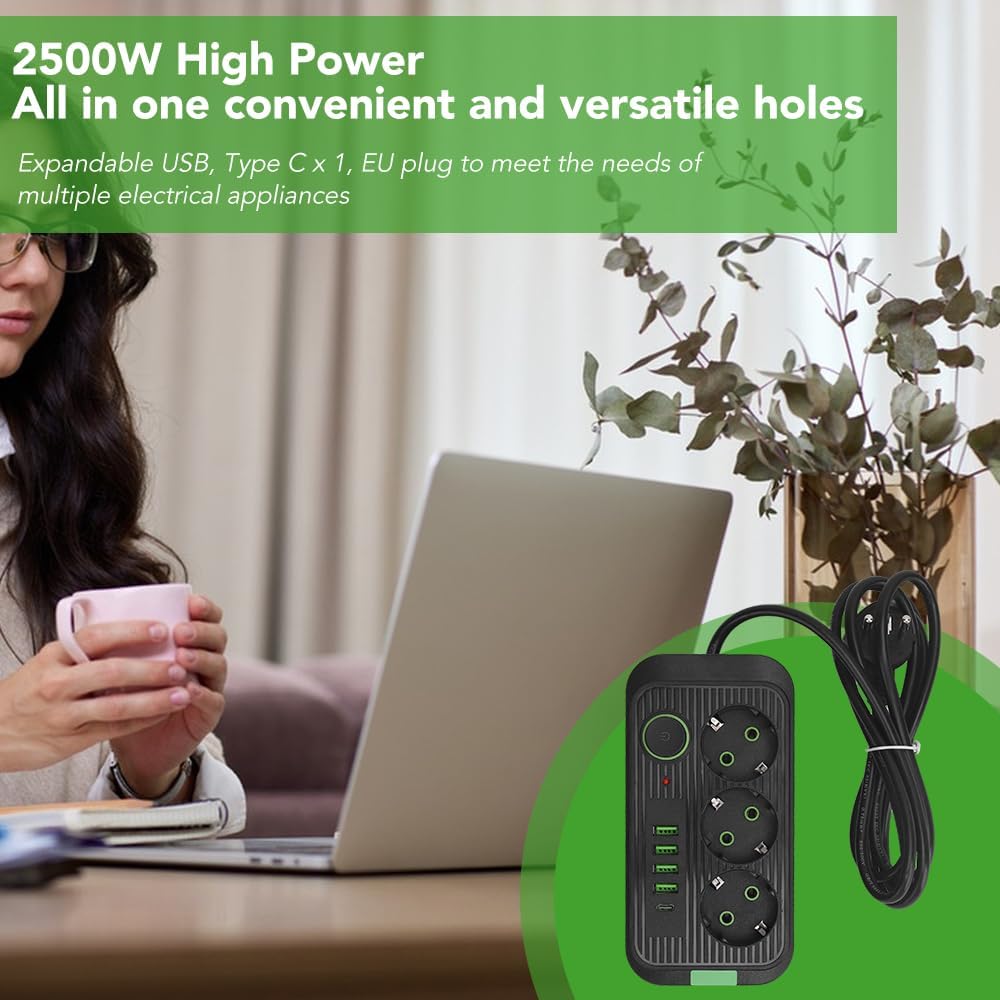 Überspannungsschutz, Europäische 10-A-2500-W-Steckdosenleiste mit 3 Steckdosen, 4 USB- und 1 Typ-C-A