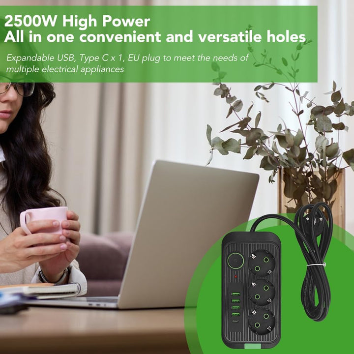 Überspannungsschutz, Europäische 10-A-2500-W-Steckdosenleiste mit 3 Steckdosen, 4 USB- und 1 Typ-C-A