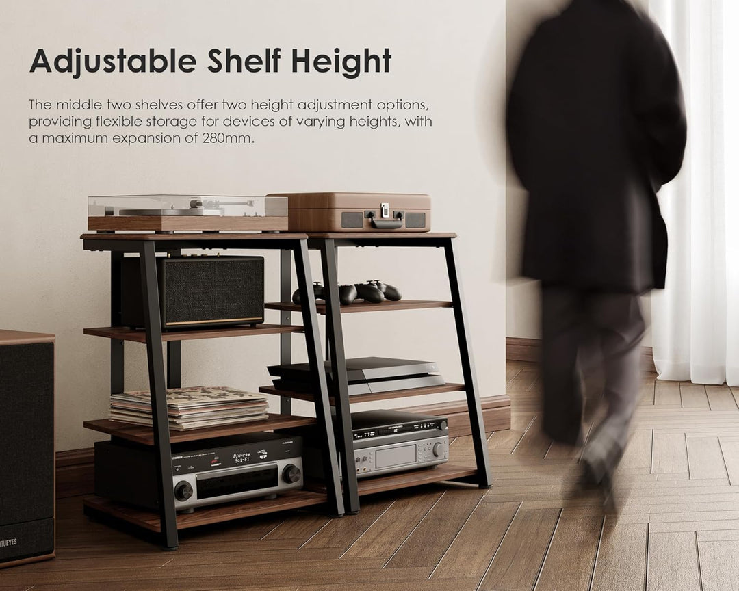 FITUEYES Design HiFi Rack aus Holz &amp; Stahl, Plattenspieler Tisch mit verstellbaren Ablage, HiFi Rega