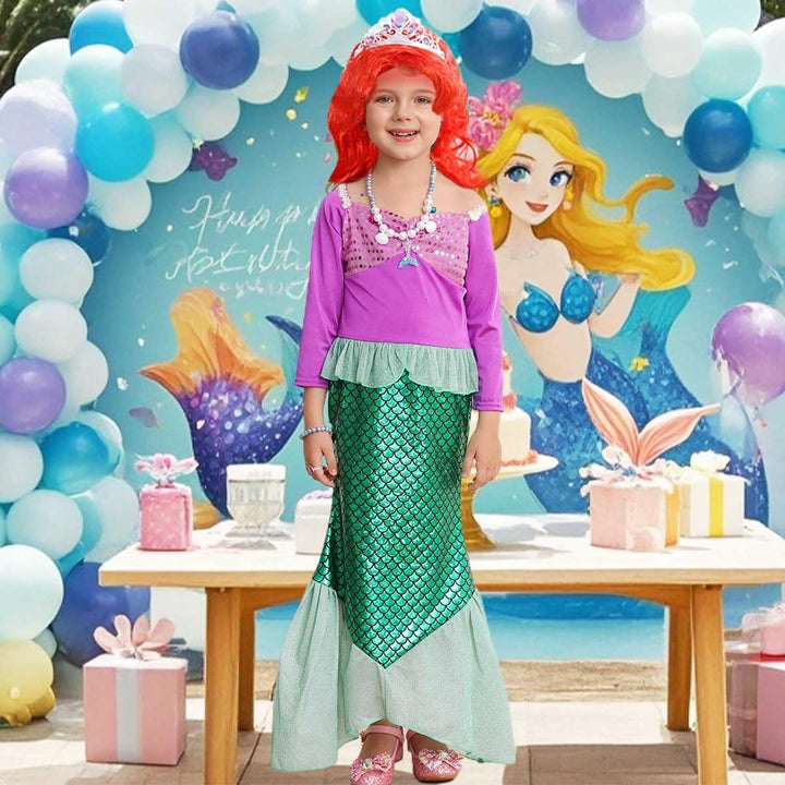 LiUiMiY Meerjungfrau Kostüm Mädchen Arielle Kleid Kinder Langarm Verkleidung Fasching Geburtstag Hal