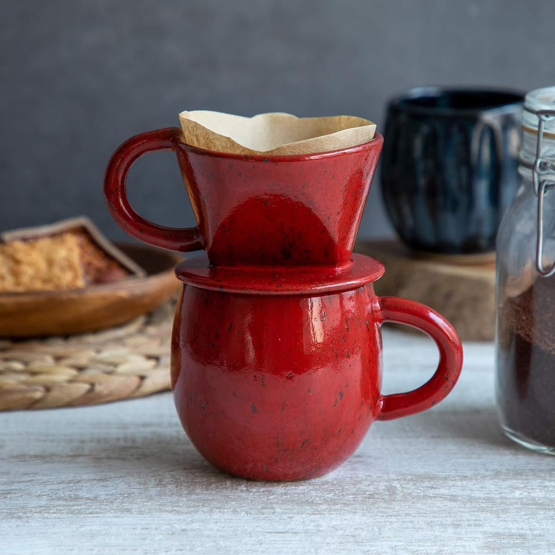 Asayu Japan Keramik Kaffeeaufguss-Set in Chrom Rot mit Papierfilterhalterung und Dripper mit 3 Löche