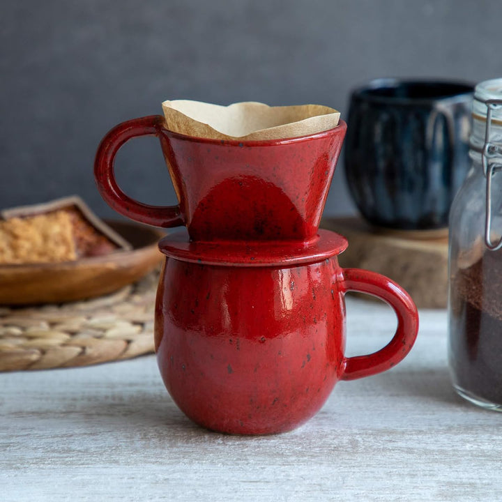 Asayu Japan Keramik Kaffeeaufguss-Set in Chrom Rot mit Papierfilterhalterung und Dripper mit 3 Löche
