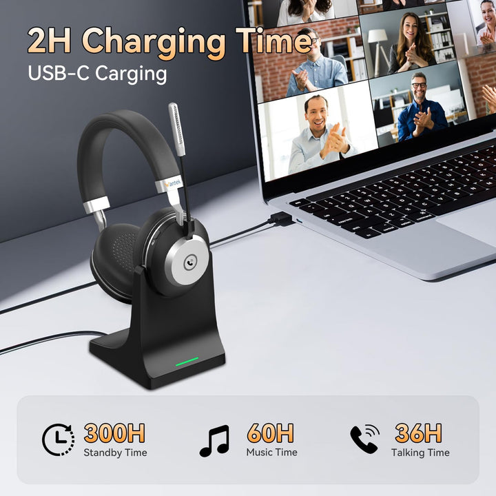 Wantek Wireless Business Headset mit Noise-Cancelling Mikrofon & Ladestation – Bluetooth 5.3 & 2.4GH