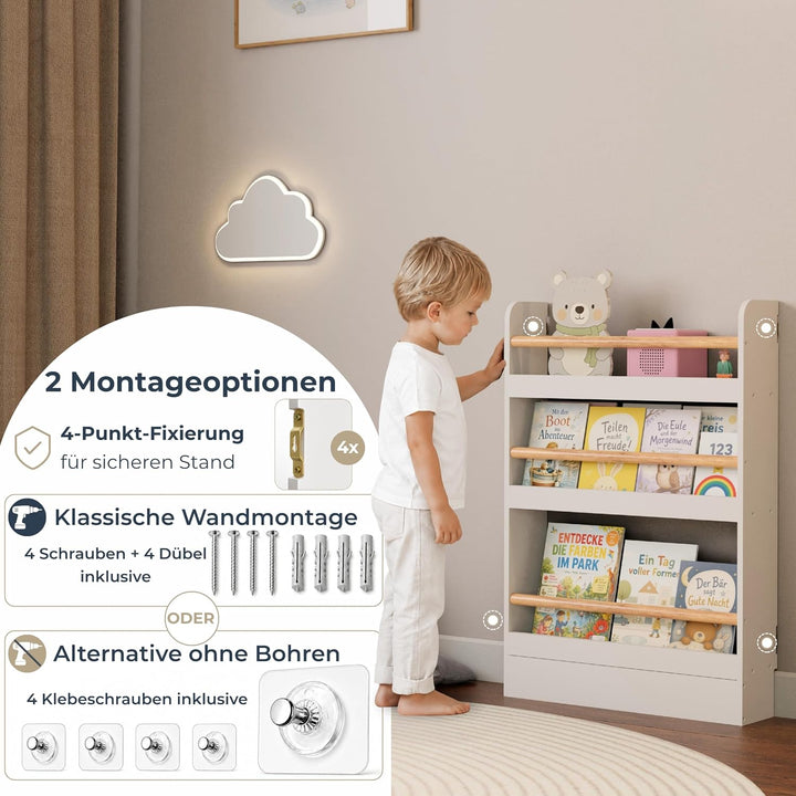 Bücherregal Kinder mit 3 Ablagen, Montessori Kinderbücherregal zur Wandmontage, Wandregal für Bücher