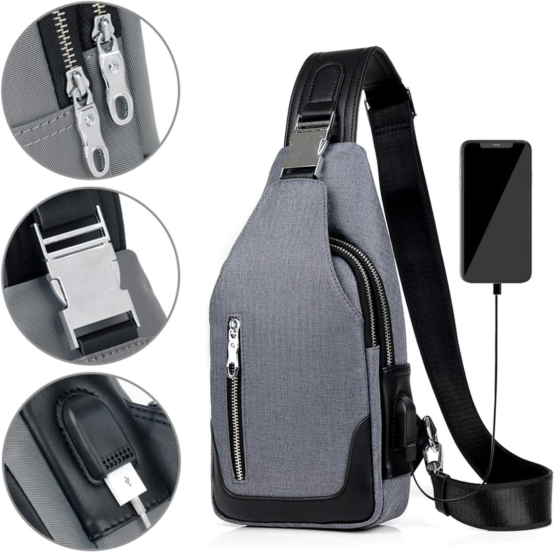 FANDARE Neu Brusttasche Herren Schultertasche Sling Bag Rucksack mit USB Umhängetasche Sporttasche f