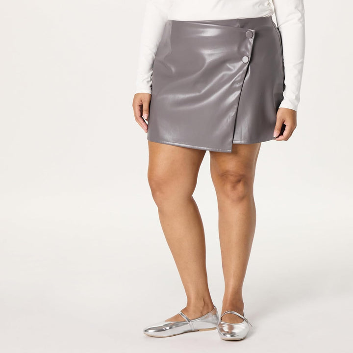 The Drop Damen Portia Mini-Wickelrock aus Veganem Leder Minirock XXL Tornado, Grau, XXL Tornado, Gra