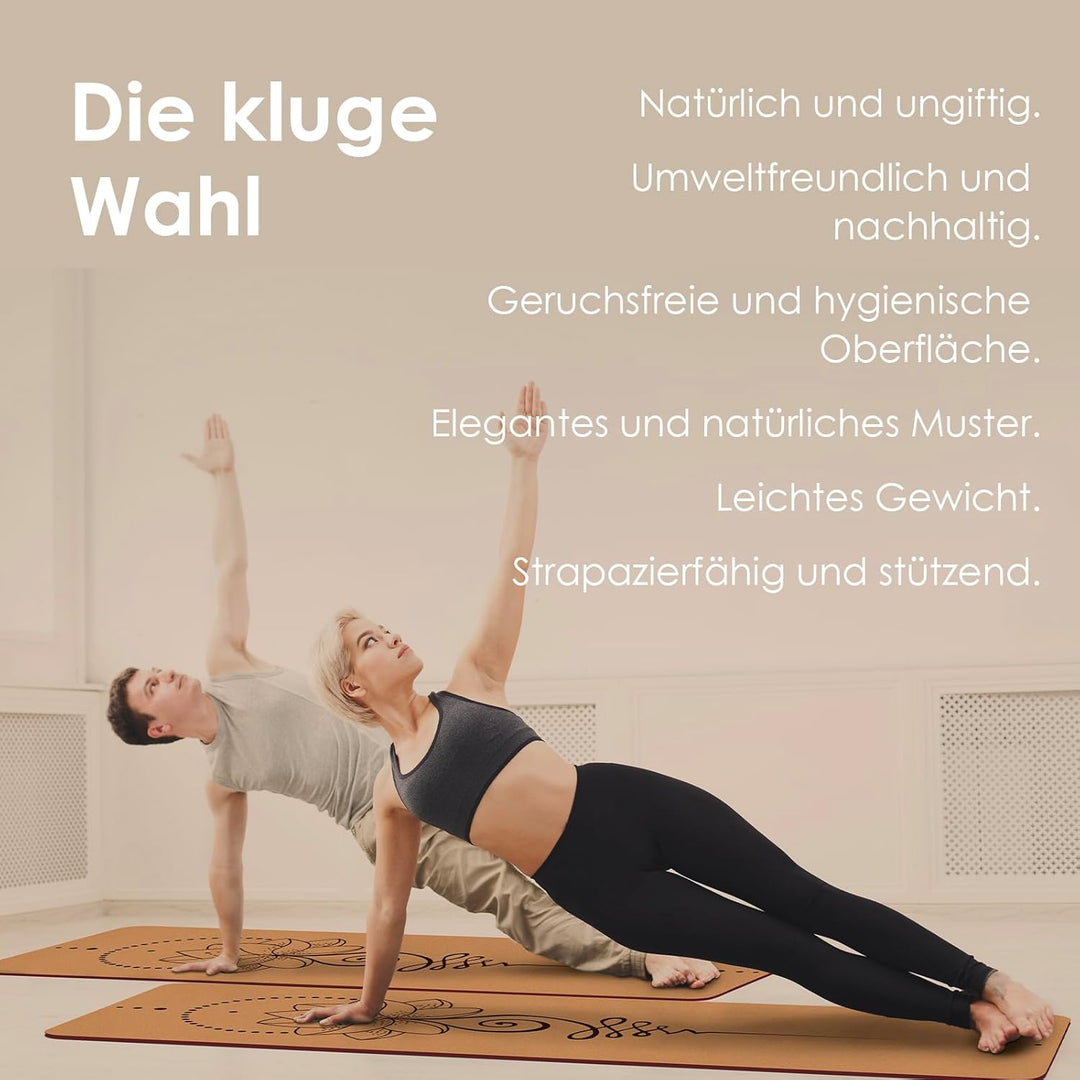 Yogamatte Kork – Rutschfeste Yoga Matte, Einzigartiges Design, Naturkautschuk TPE Gymnastikmatte, Tr