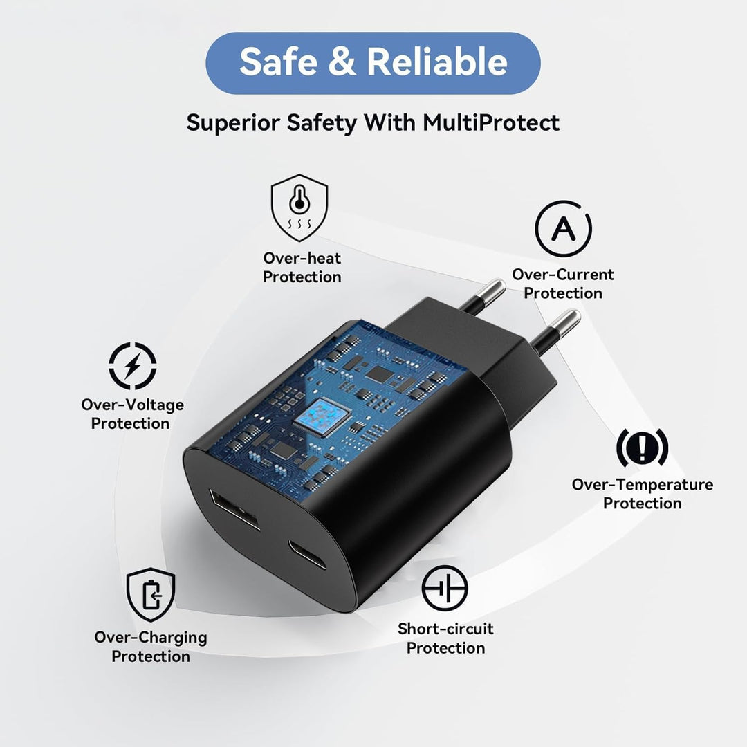 2er Pack USB C Ladegerät mit 2m Schnellladekabel 25W 2Port Schnellladegerät USB A & USBC für Samsung