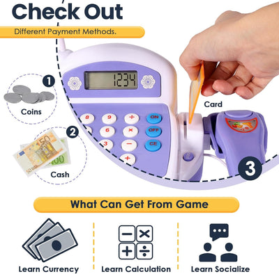 BUYGER Gross Elektronische Kasse Kaufladen Kinder, mit Scanner Waage Mikrofon, Spielkasse mit Litcht