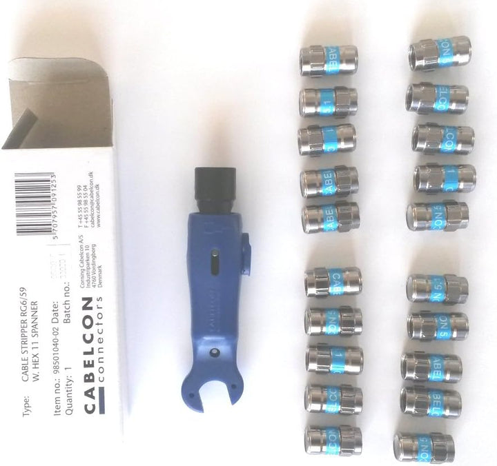 Cabelcon Set bestehend aus Cablestripper RG6/59 mit Maulschlüssel + 20 Stück Self Install-Stecker F-