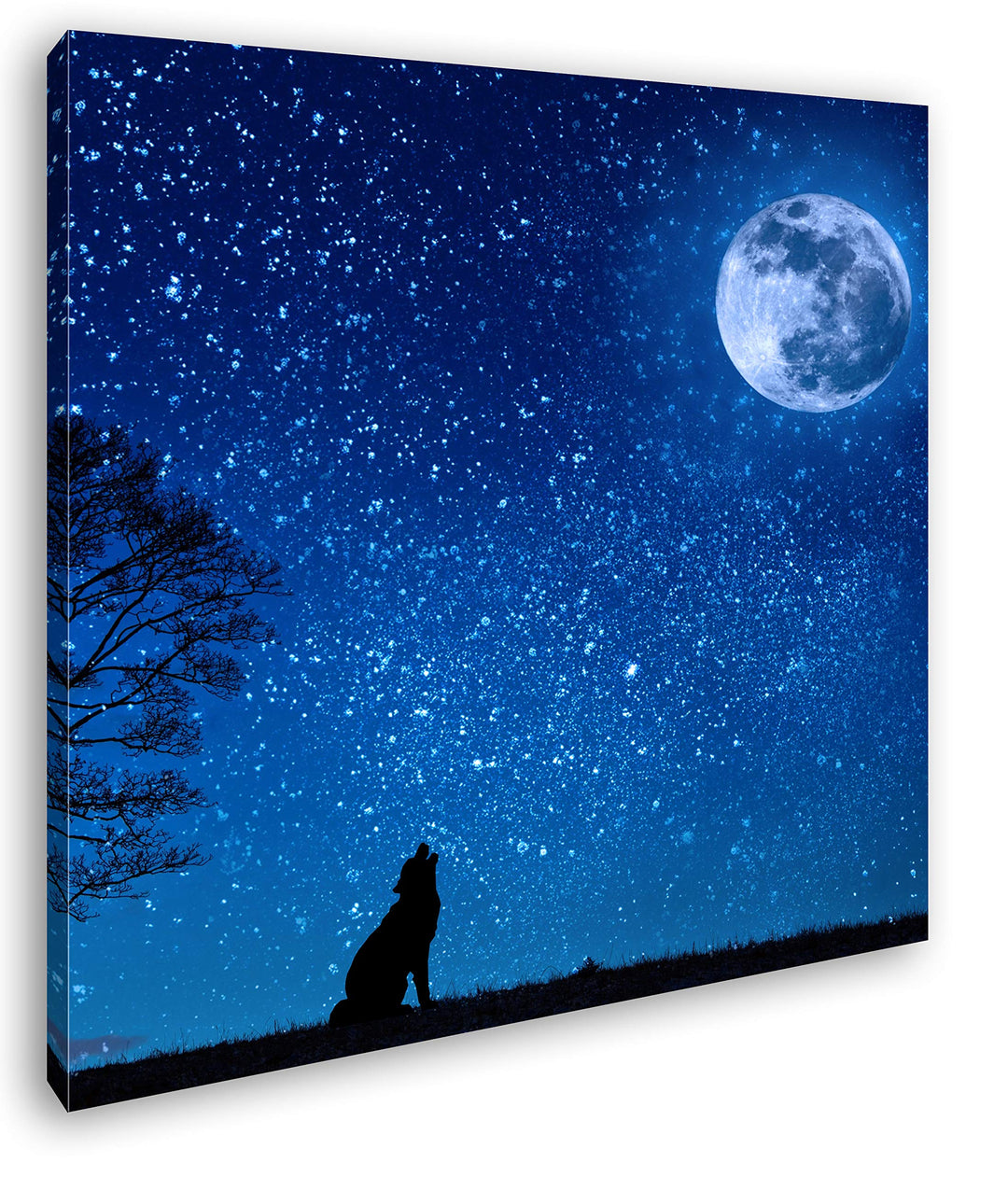 einsamer Wolf jault den Mond an Format: 70x70 als Leinwand, Motiv fertig gerahmt auf Echtholzrahmen,
