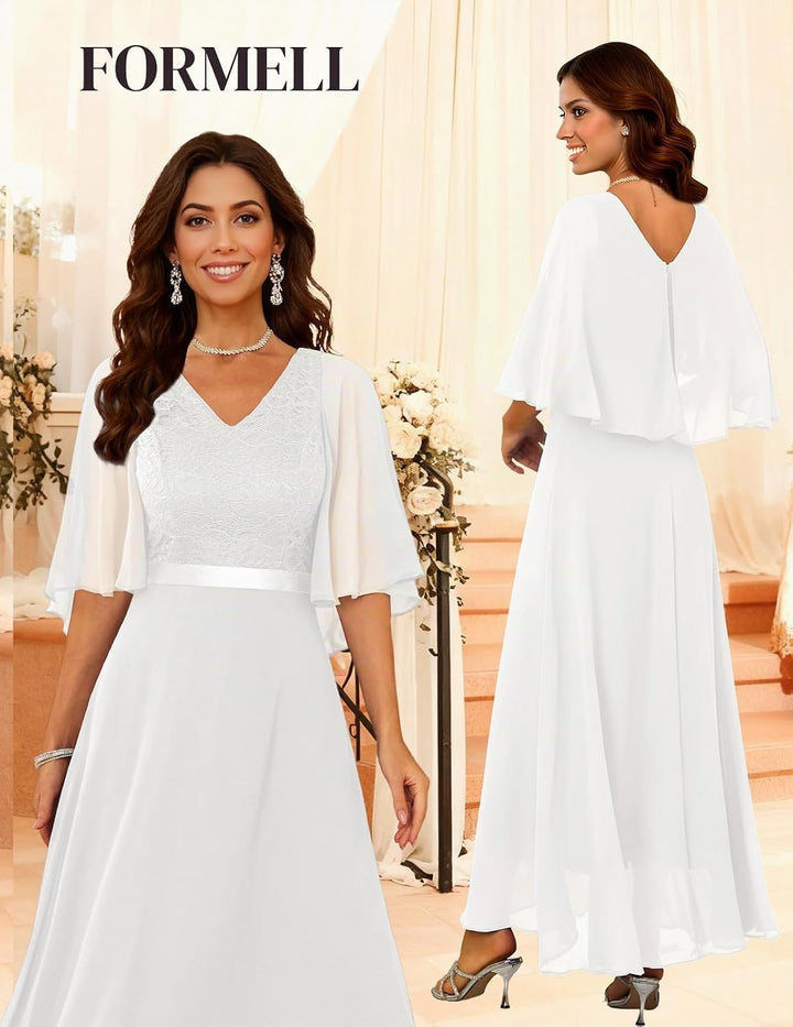 DRESSTELLS Abendkleid Damen Festlich Spitzenkleid für Hochzeit Chiffon Cape Ärmel Ballkleid Elegant