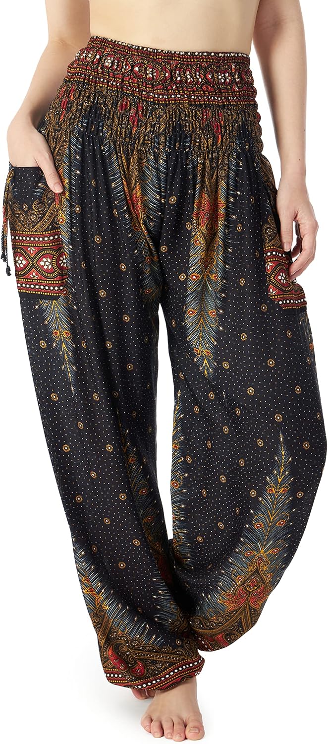 Lannaclothesdesign Damen Haremshose mit gesmokter Taille, Boho, fliessend, Hippie-Kleidung S Black P