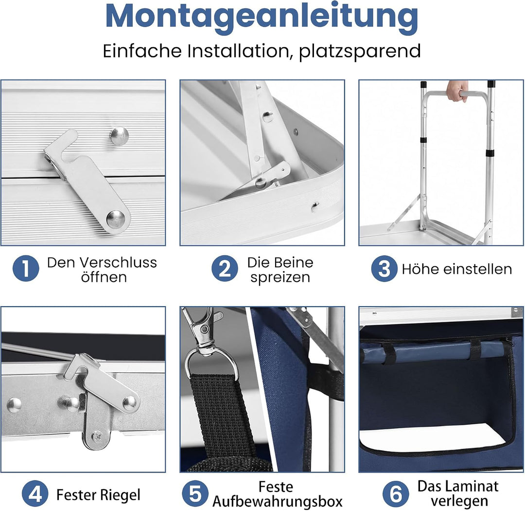Campingküche faltbar, Leicht Campingschrank mit Aluminiumgestell, Campingtisch Klappbar mit Staufach
