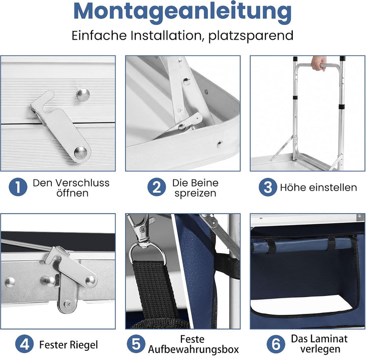 Campingküche faltbar, Leicht Campingschrank mit Aluminiumgestell, Campingtisch Klappbar mit Staufach